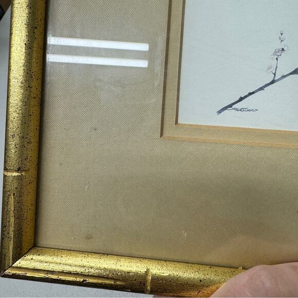 Bird On Branch Print Gold Framed Art 11.5 X 10 MCM Vintage Home Decor Signed - Picture 5 of 9